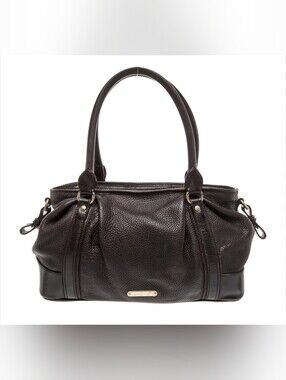 BURBERRY chocolate brown PEBBLED LEATHER Bag w/classic plaid lining